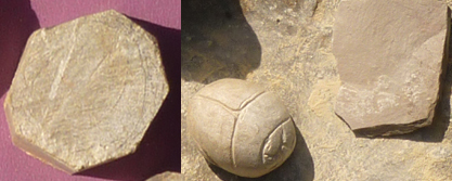 Figure 12. Steatite blank and shaped scarab with slate on shaping rock