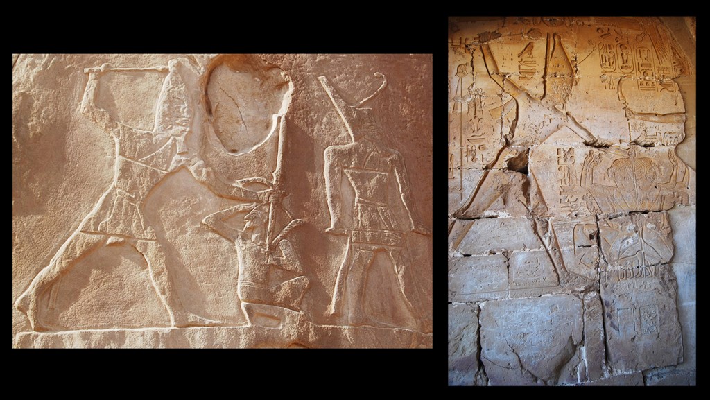 Figure 6. 3rd Dynasty Smitng Scene by King Sekhemkhet. Wadi Maghara (left).  New Kingdom Smiting Scene, Temple of Seti I, Kanais (right)